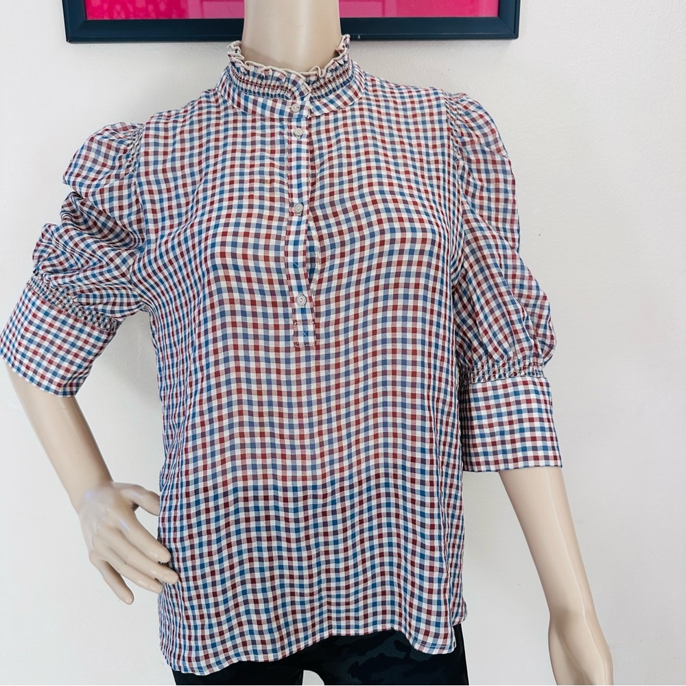 Chic Checkered Ruffle Neck Blouse - image 3